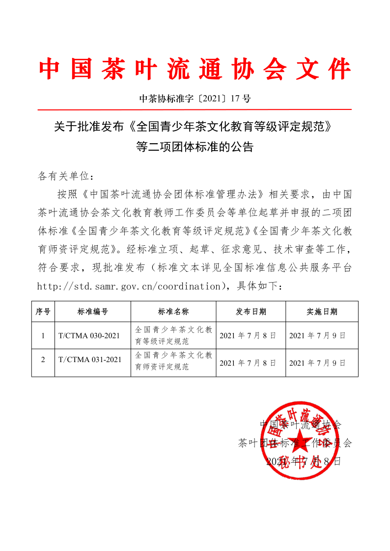 中茶协标准字〔2021〕17号——关于批准发布《全国青少年茶文化教育等级评定规范》等二项团体标准的公告_1.png
